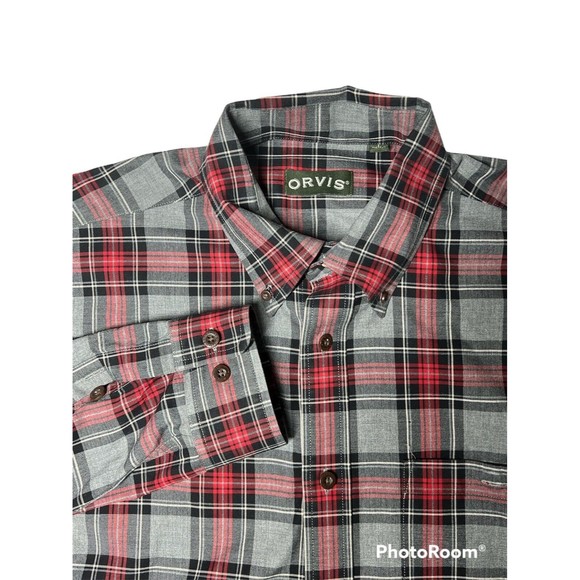 ORVIS Red & Gray Plaid Mid-Weight 100% Cotton Button Front Shirt Sz Large - Picture 1 of 6